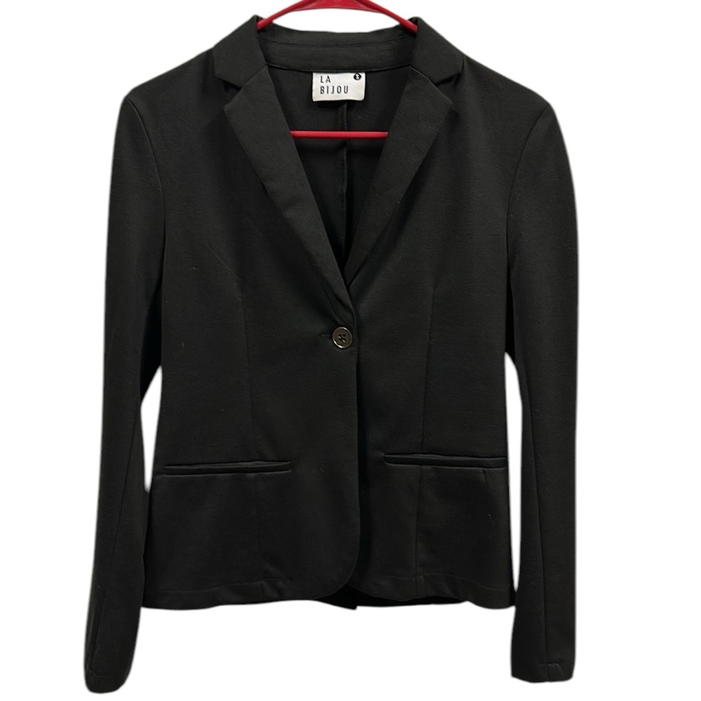 La Bijou Black Tee Stretch Fabric One Button Faux Pocket Blazer Jacket Womens S